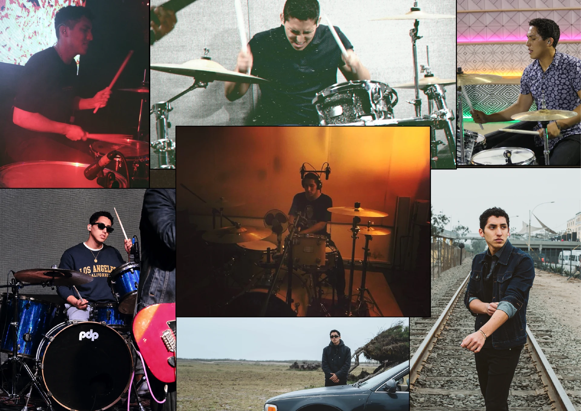 Collage de Renato Bibolotti tocando batería y posando frente a cámara.