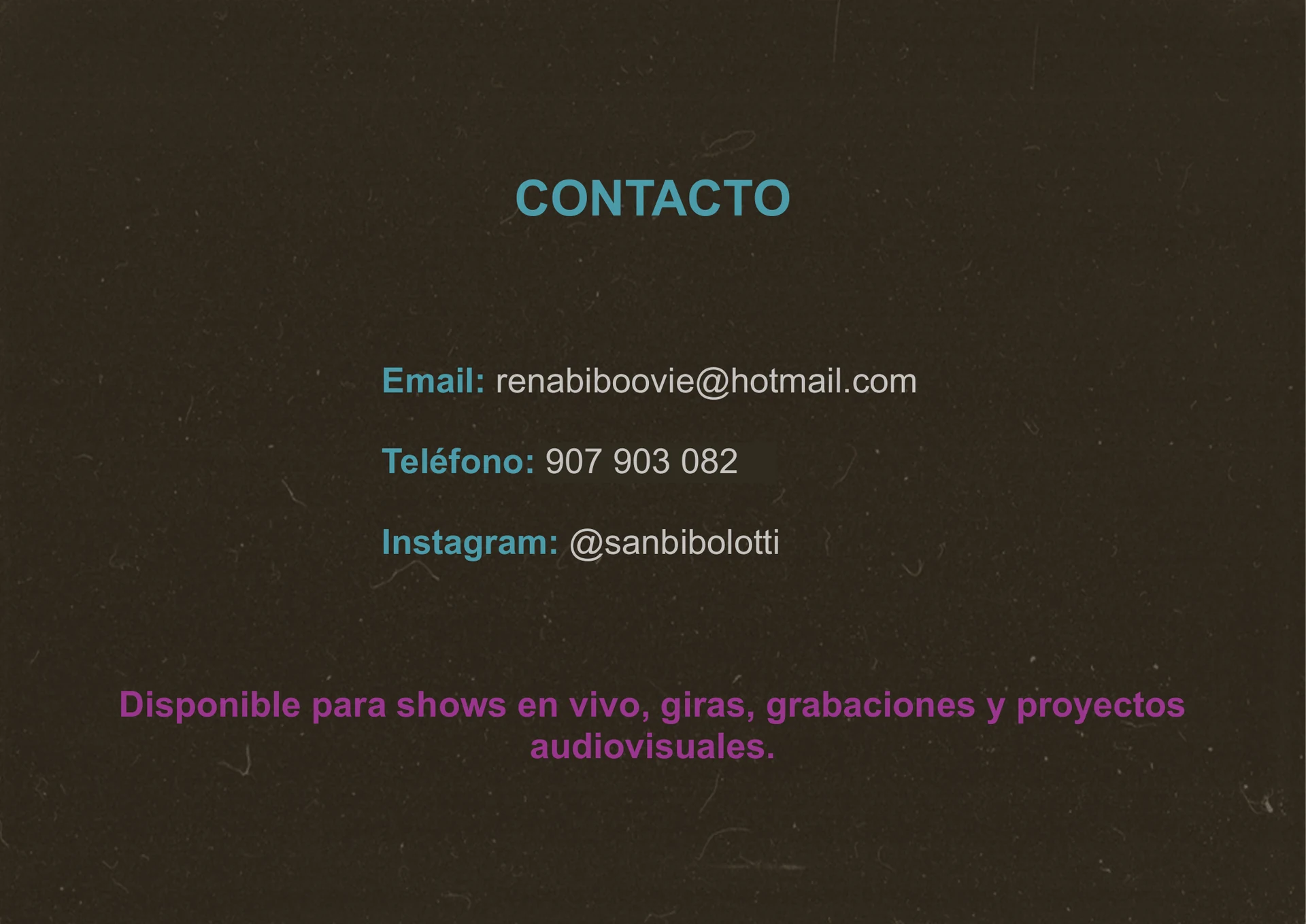 Contacto de Renato Bibolotti: correo, teléfono e Instagram.